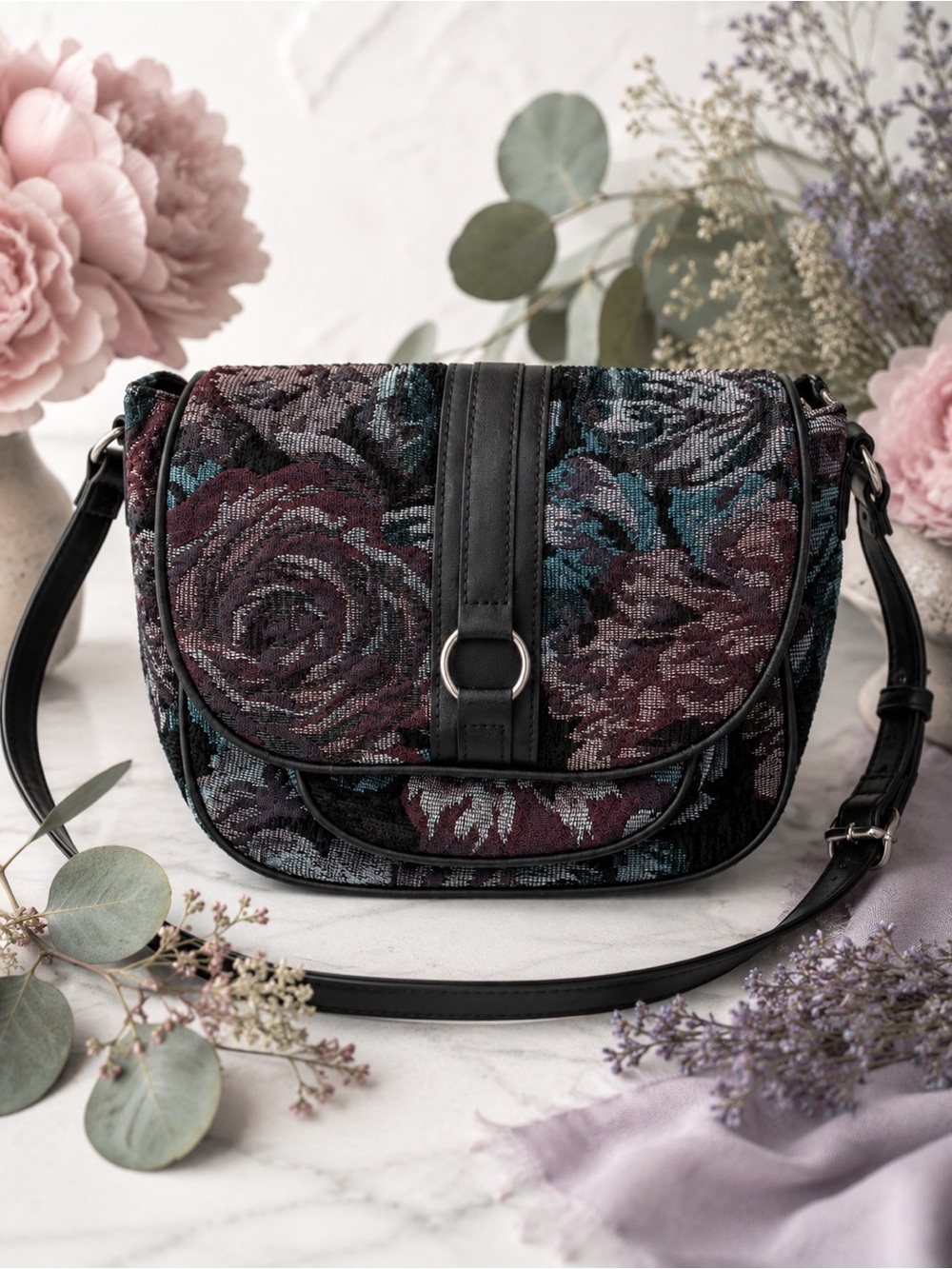 Floral Tapestry Crossbody Bag Burgundy Teal Boho
